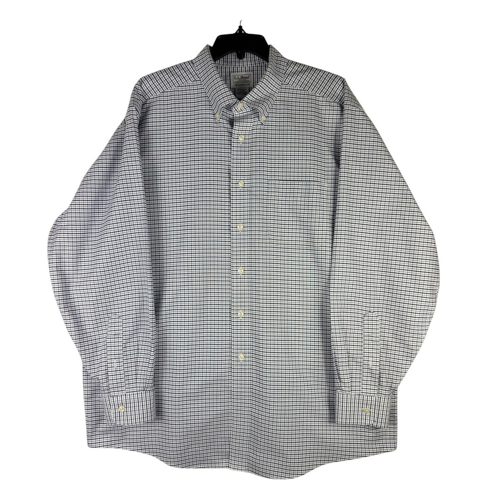 LL Bean Mens 17-34 Traditional Fit Blue Check Cotton Button Down Shirt 237807
